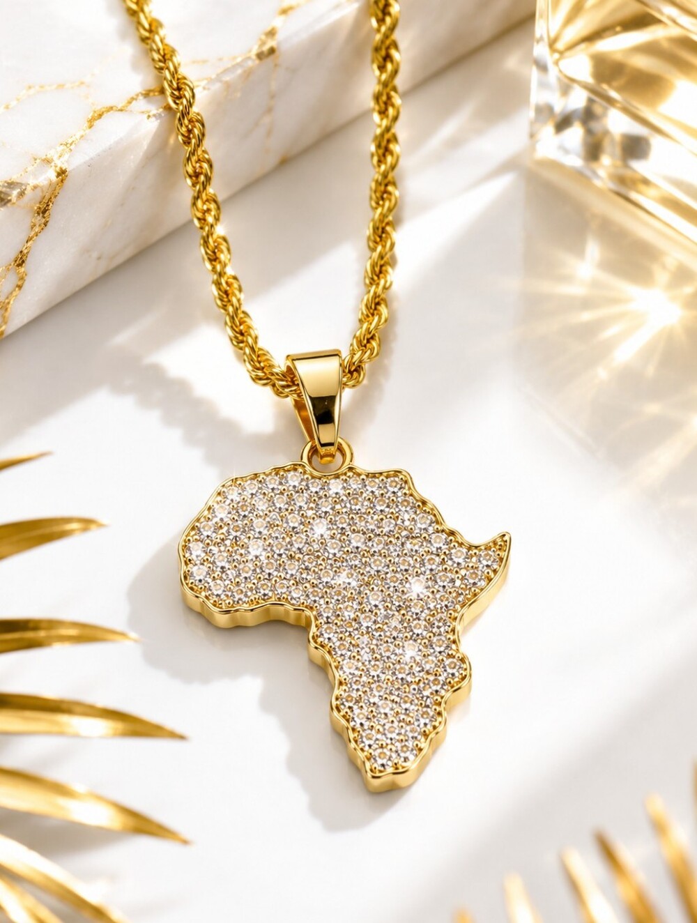 African Continent Map Pendant Necklace Gold Tone Crystal Rhinestone 18" Chain